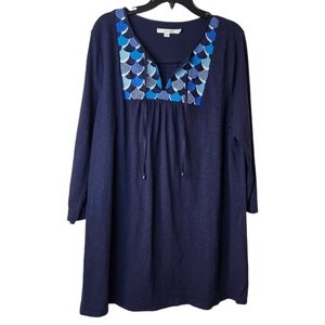 Boden Embroidered Boho Navy Blue Tunic Top 3/4 Sleeves 18